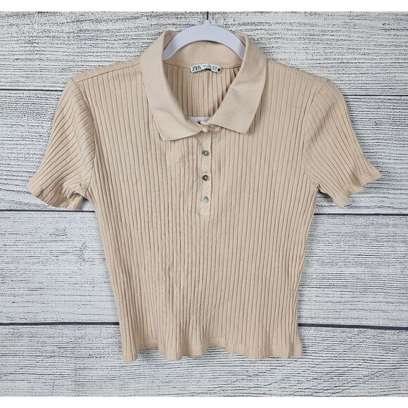 Zara Ribbed Collared Short Sleeve Crop Top Pink Size Large - Picture 1 of 3